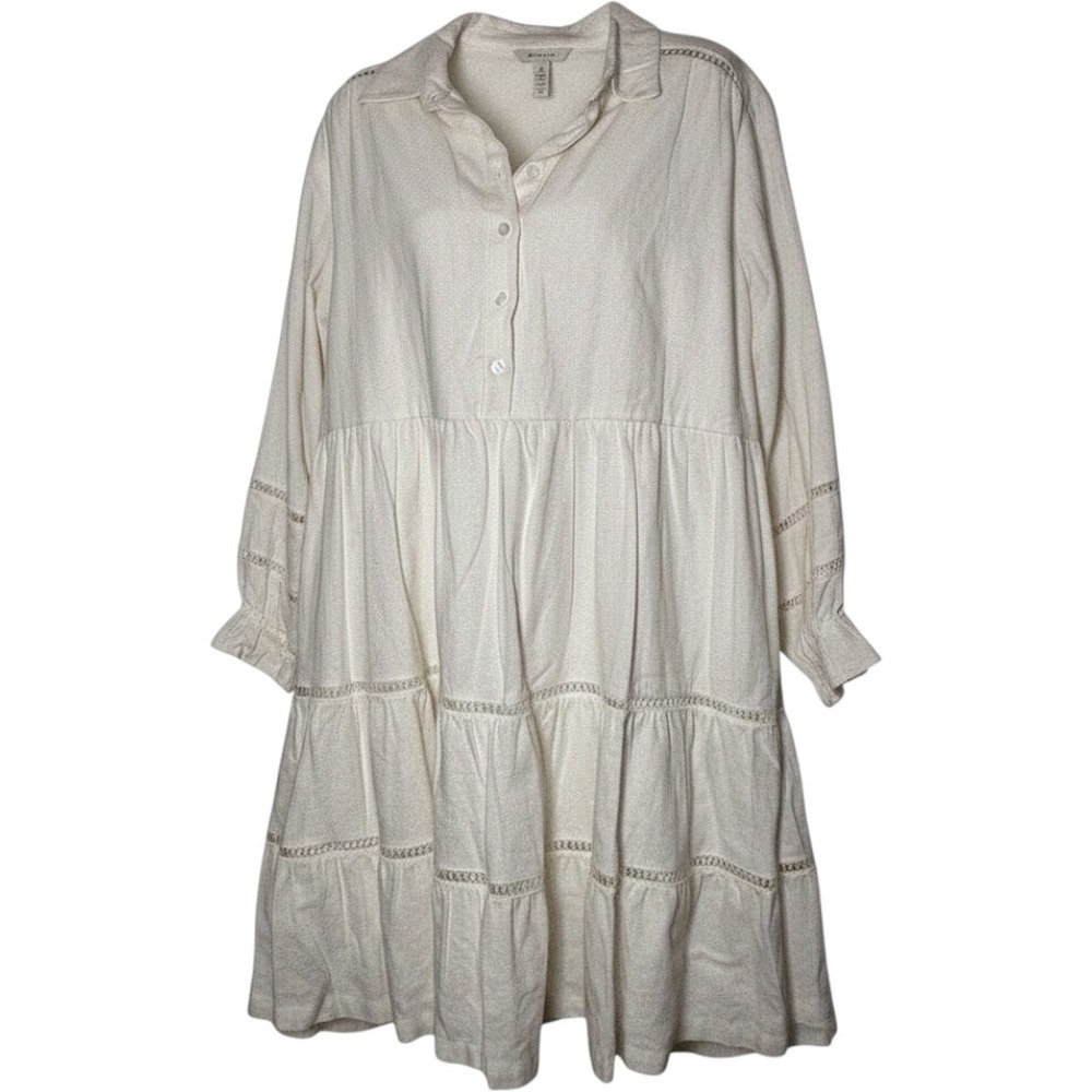 TAYLOR Off White Linen Blend Tiered Babydoll Mini Dress Ladder Lace Cream Sz 14